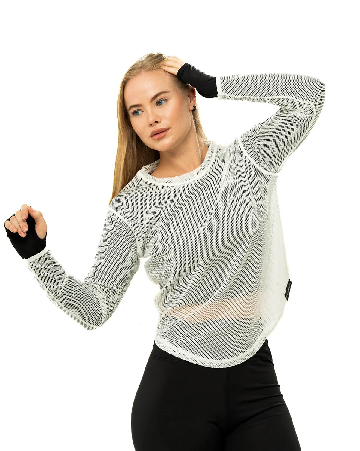 WHITE WF FISHNET LONG SLEEVE