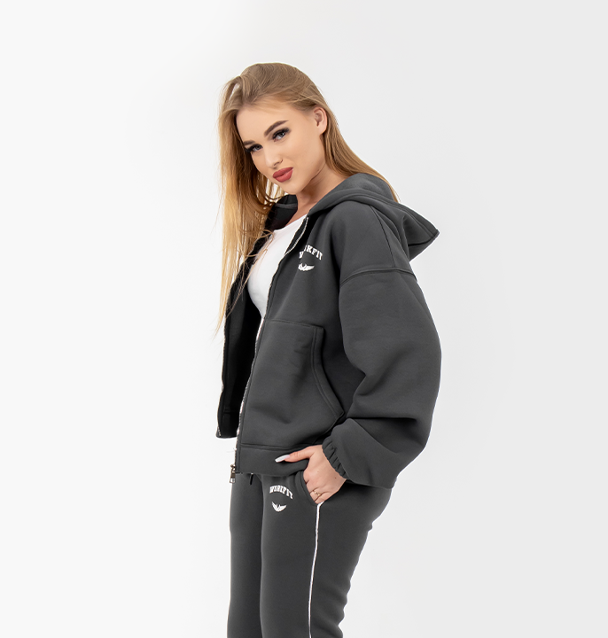 ZIPPER GRAY SWEATSHIRT HOODIE