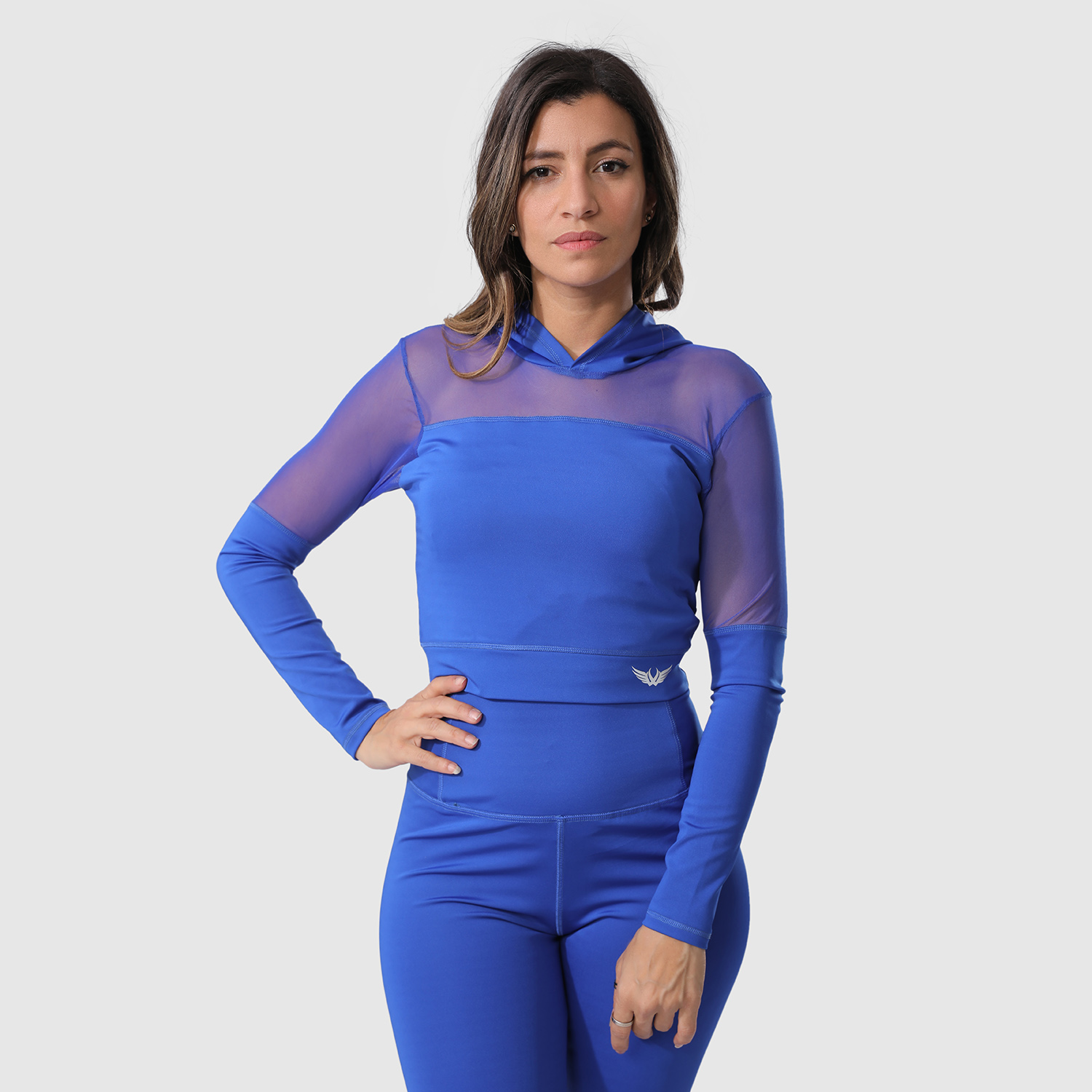 BLUE LONG SLEEVE CROP TOP HOODIE